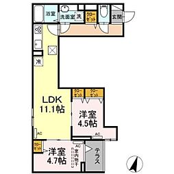 ルリアン谷中 1階2LDKの間取り