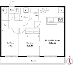フェリス国立 2階2LDKの間取り
