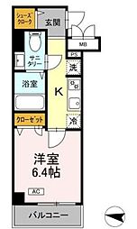 Eラオジアー 1Kの間取図画像