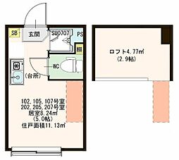 ハーモニーテラス南阿佐ヶ谷 1階ワンルームの間取り
