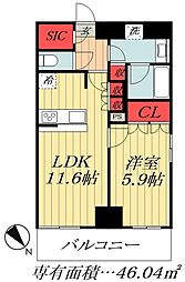 JR総武線 市川駅 徒歩6分の賃貸マンション 9階1LDKの間取り