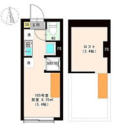 ハーモニーテラス東新町II 1階ワンルームの間取り