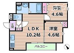 クリエオーレ原町 2階2LDKの間取り