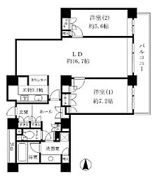 リバーポイントタワー 33階2LDKの間取り