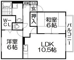 セジュールカヘイ東棟 2LDKの間取図画像