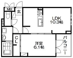 エレガントコーエイI 1階1LDKの間取り