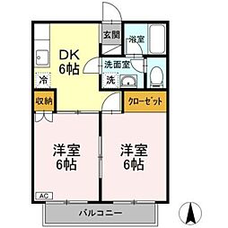 スカイハイム 2階2DKの間取り