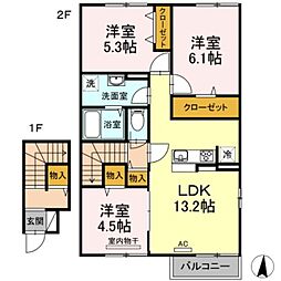 東京メトロ有楽町線 氷川台駅 徒歩12分の賃貸アパート 2階3LDKの間取り