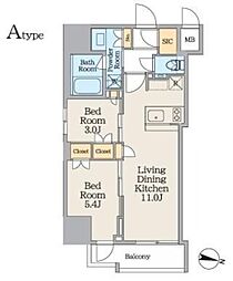 クレストコート池上 13階2LDKの間取り
