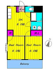 ジョイシャトル 2階2DKの間取り