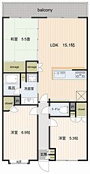 サンクレイドル松戸弐番館 2階3LDKの間取り