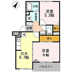 ライジングサン関野 2DKの間取図画像