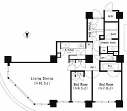 リバーポイントタワー 23階2LDKの間取り