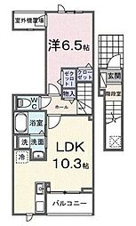 カーサアリアーテII 2階1LDKの間取り