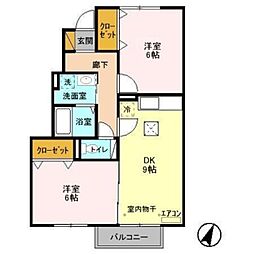 シャルドネ C 1階2DKの間取り