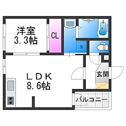 ハーモニーテラス安立IV 2階1LDKの間取り