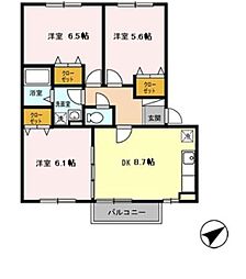 ラ・プリミエール城東B棟 2階3DKの間取り