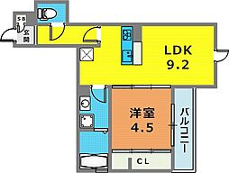 セジュール下山手通 2階1LDKの間取り