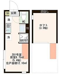 琴苑テラスときわ台 2階ワンルームの間取り