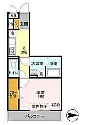 オッツ新鎌ヶ谷 2階1Kの間取り