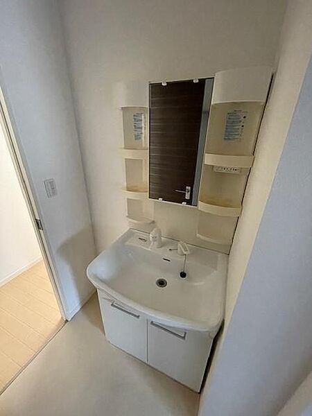 画像12:鏡の両脇に収納スペースを確保した洗髪洗面化粧台は、水栓がリフトアップするので洗髪もラクラク♪