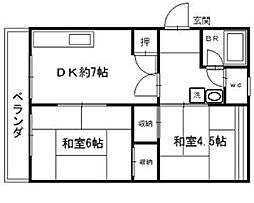 樋井川コーポ200棟 4階2DKの間取り