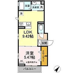 サンハイムS 2階1LDKの間取り