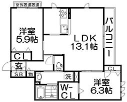 リッシュベレオ東香里 2LDKの間取図画像