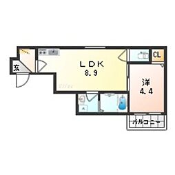近鉄奈良線 若江岩田駅 徒歩6分の賃貸アパート 1階1LDKの間取り