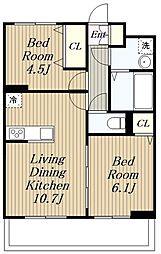 アムールイソベ 2階2LDKの間取り