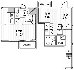 東急目黒線 武蔵小山駅 徒歩12分の賃貸マンション 2階2LDKの間取り