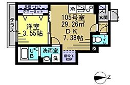 AJ南柏First 1DKの間取図画像