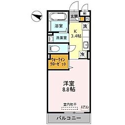 中根ヒルズ 3階1Kの間取り