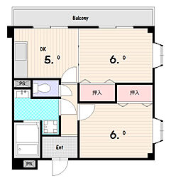 メゾンヌーベルみゆき 2DKの間取図画像