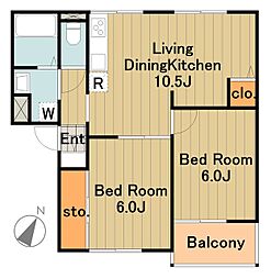 リバーサイドふじ 3階2LDKの間取り