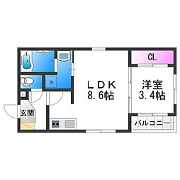 ハーモニーテラス安立IV 3階1LDKの間取り