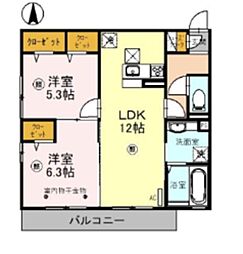 オークリーフ三郷A 2LDKの間取図画像