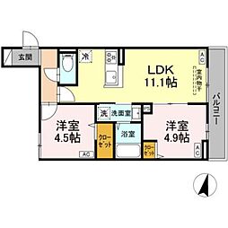 セレスティア若宮 3階2LDKの間取り