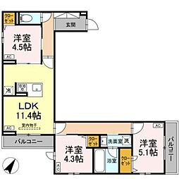 セレスティア細田A 3階3LDKの間取り