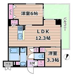 JR片町線(学研都市線) 徳庵駅 徒歩10分の賃貸マンション 6階2LDKの間取り