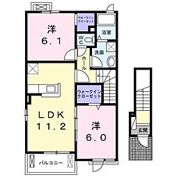 JR水戸線 新治駅 徒歩11分の賃貸アパート 2階2LDKの間取り