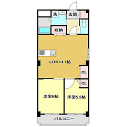 ローズビル上町 2LDKの間取図画像