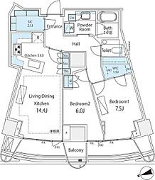 東京メトロ副都心線 北参道駅 徒歩1分の賃貸マンション 18階2LDKの間取り