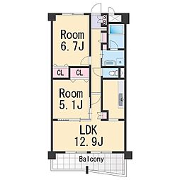 リヴィエール 3階2LDKの間取り