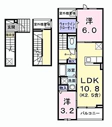 JR青梅線 河辺駅 徒歩8分の賃貸アパート 3階2LDKの間取り