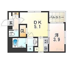 ハーモニーテラス小路東III 3階1DKの間取り