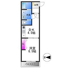 ノイヴェル小若江 2階1DKの間取り