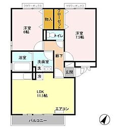 プリムヴェール壱番館 2LDKの間取図画像