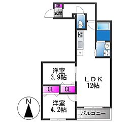 東大阪市吉田6丁目アパート 2LDKの間取図画像