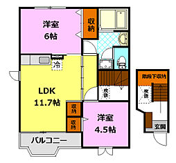 JR水戸線 結城駅 徒歩15分の賃貸アパート 2階2LDKの間取り